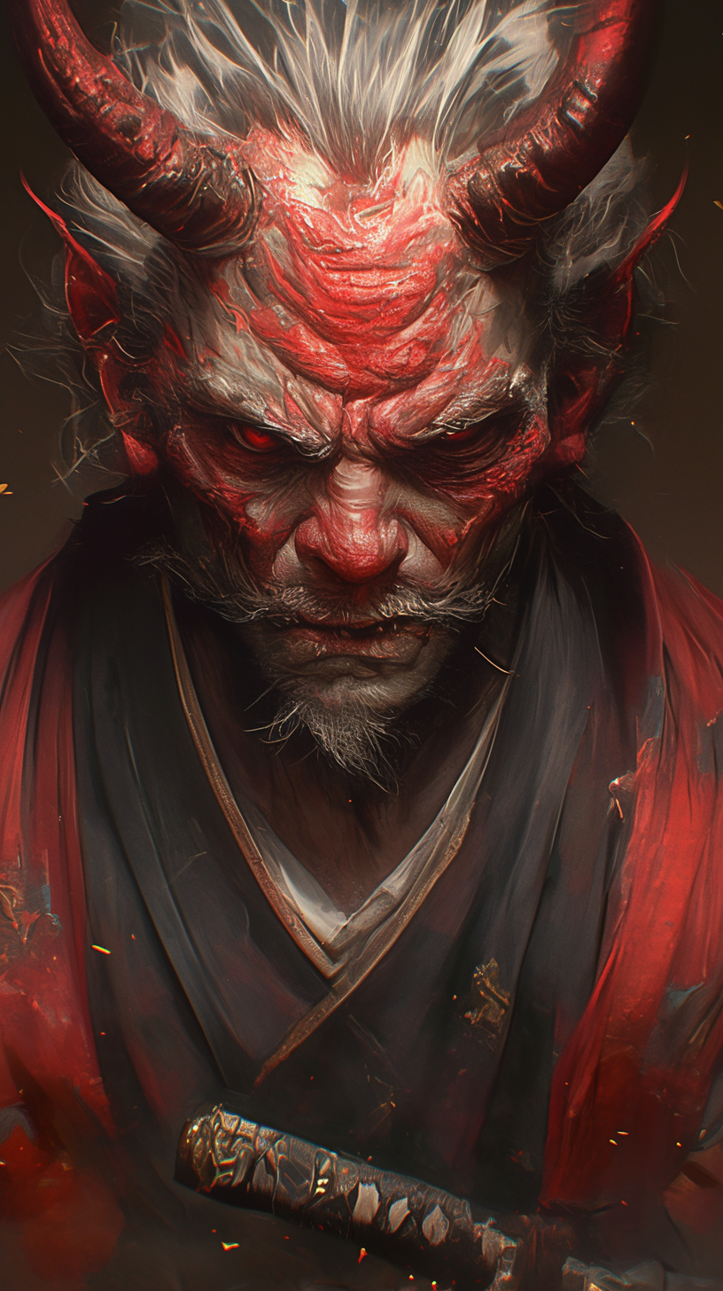 A red demon samurai with detailed hyper realistic features.