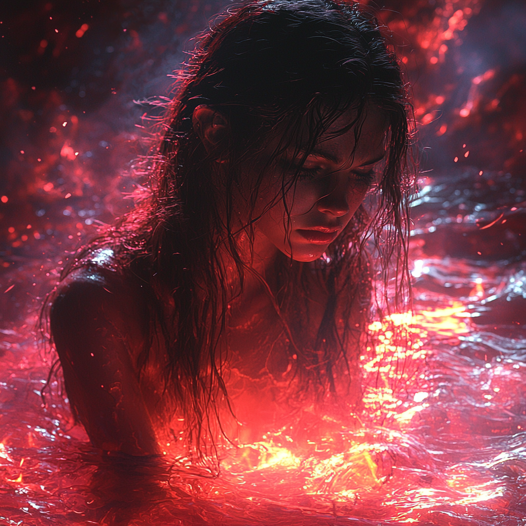 A red female djinn in dark cave with fire.