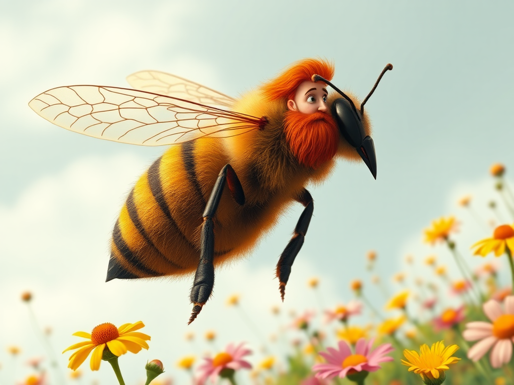 A red-haired beekeeper flies over flowers on bee.