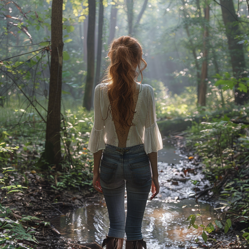 A red-haired woman in forest with detailed clothing.