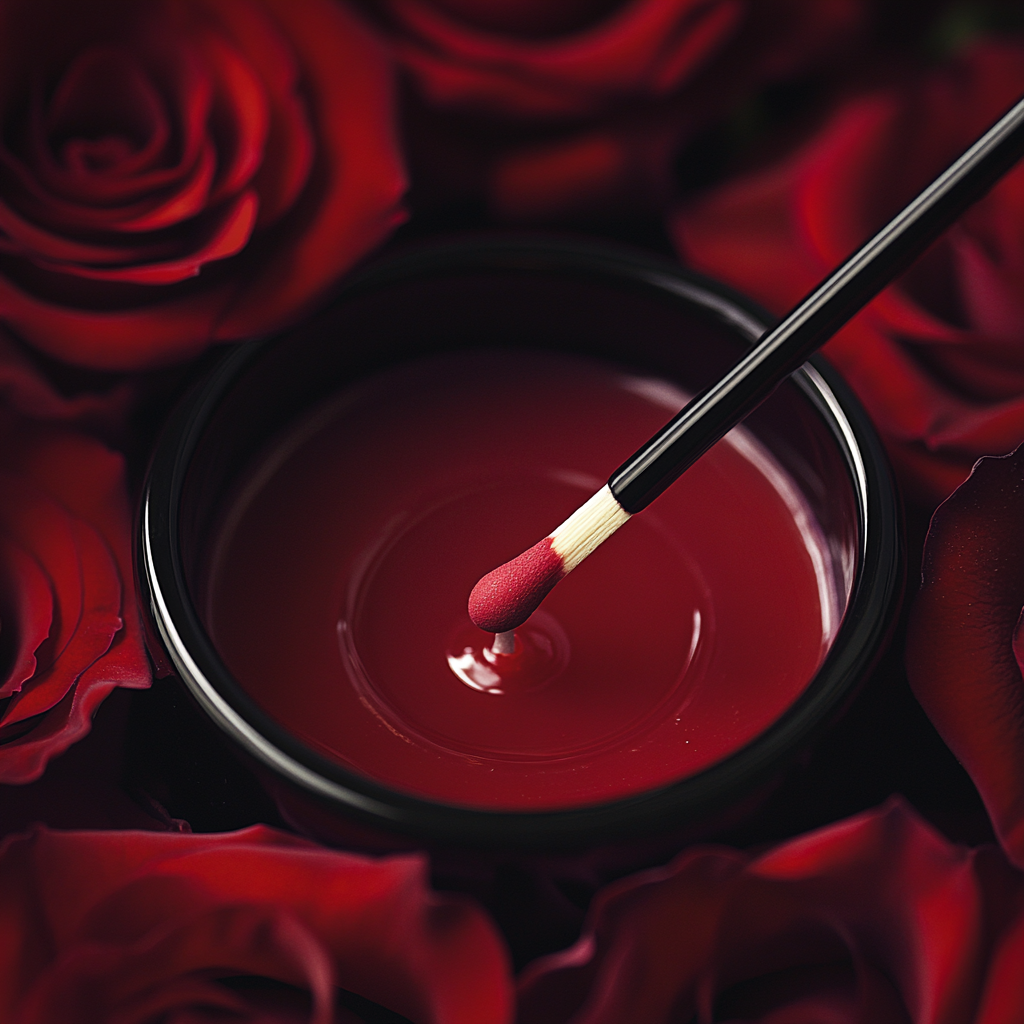 A red match lights candle with roses, elegant