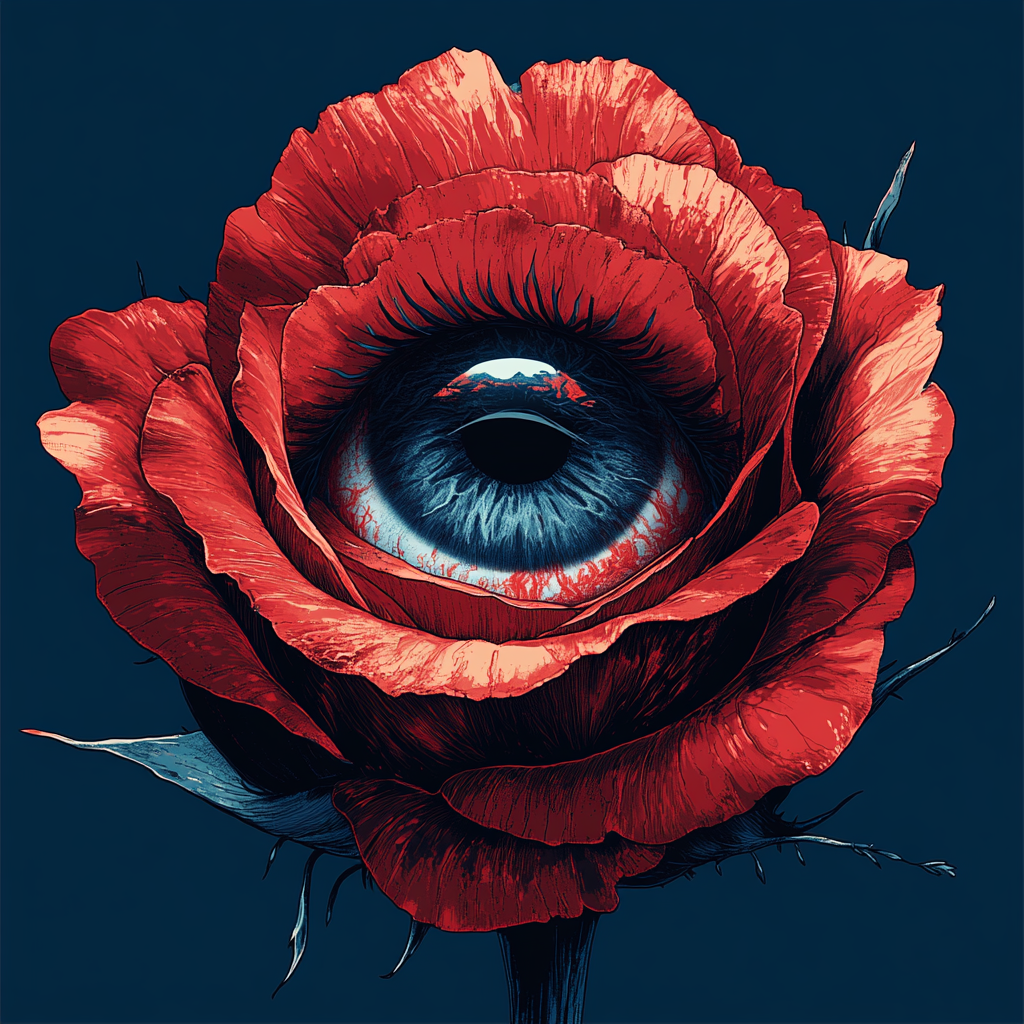 A red rose with a human eye in the center.