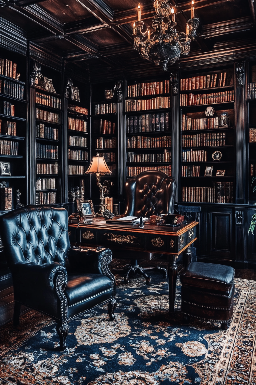 A regal library with leather-bound books and soft lamp light.