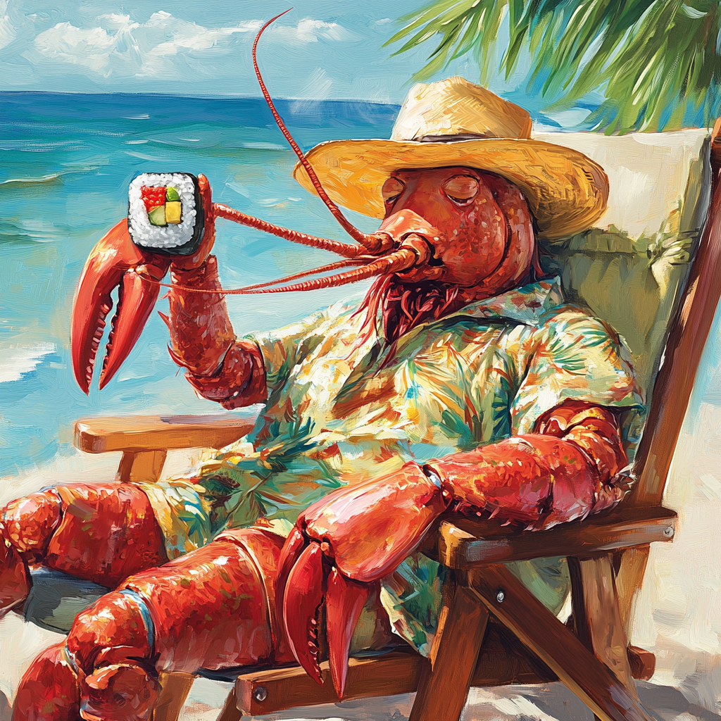 A relaxed lobster enjoys sushi at the beach