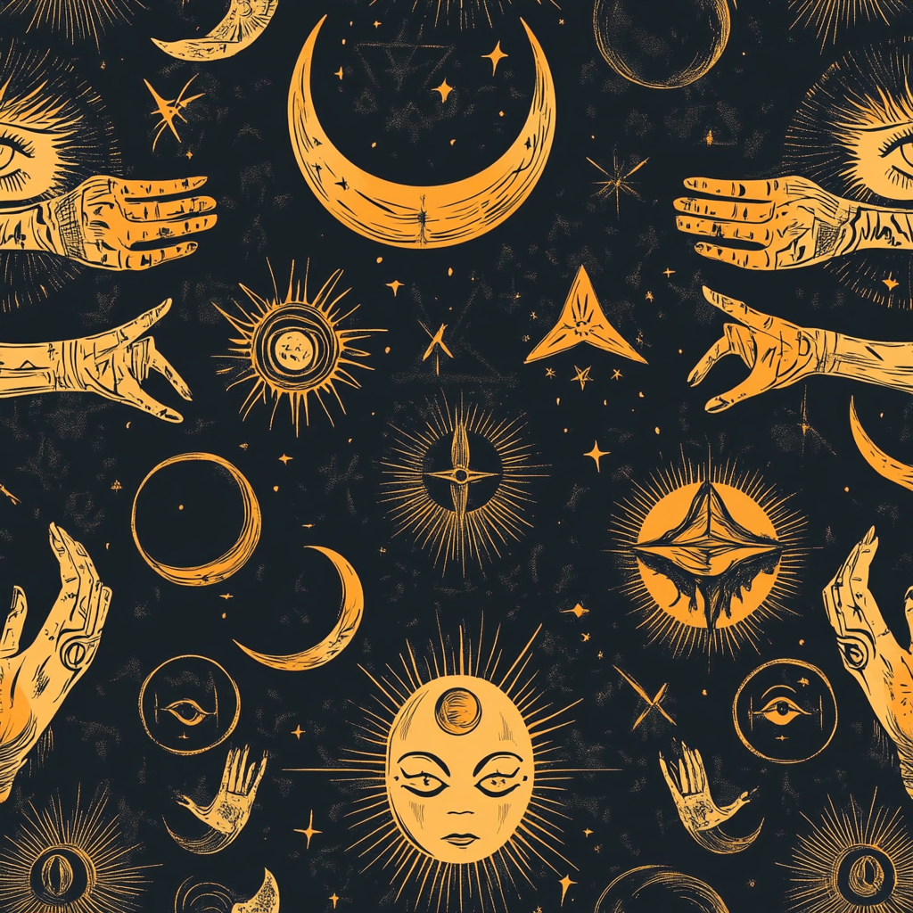 A repetitive pattern with mystical symbols like pentacles, eyes, moons, and skeletal hands