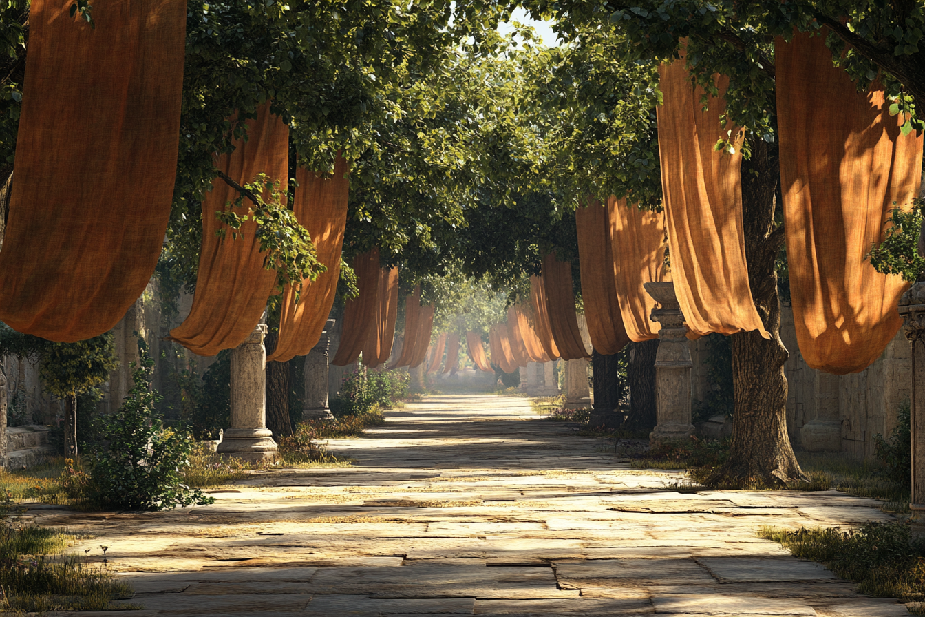 A road in temple with jute sun shades