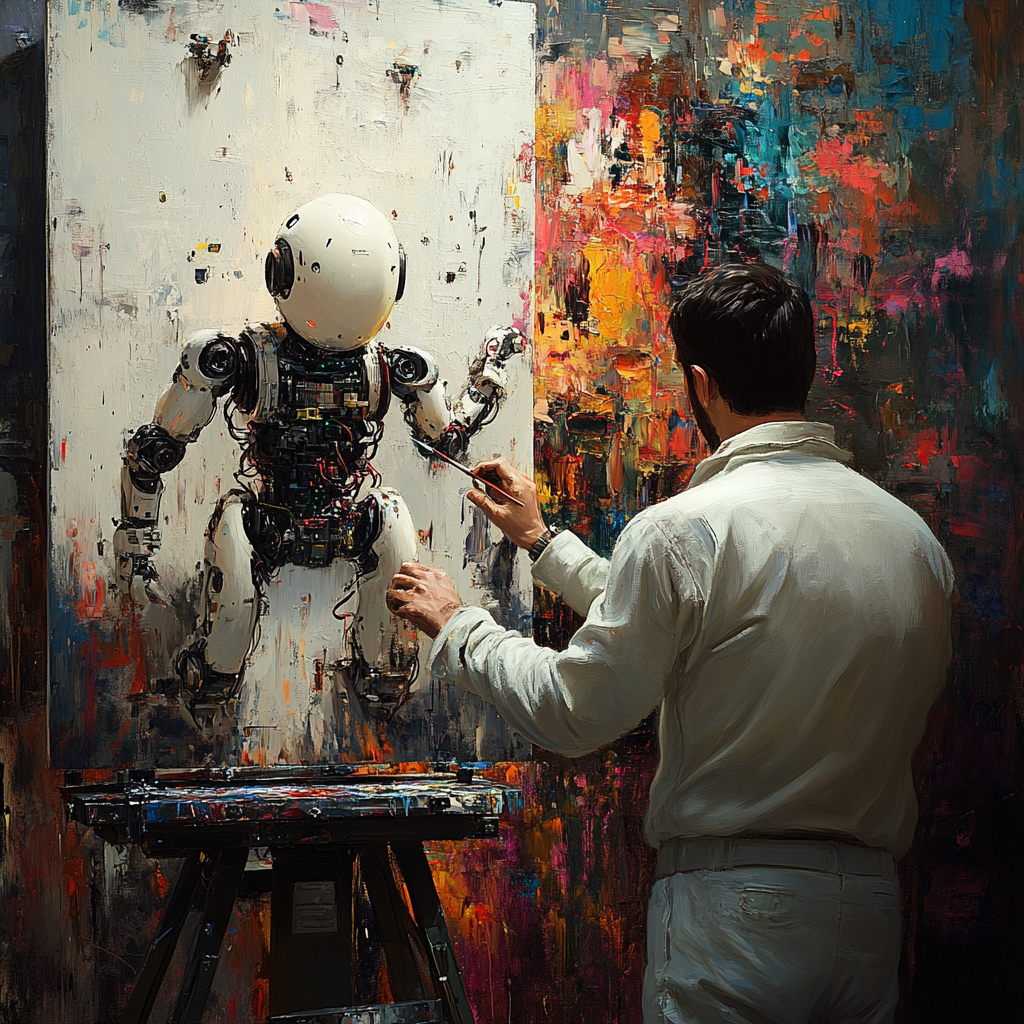 A robot behind a painting, man painting colorful front.