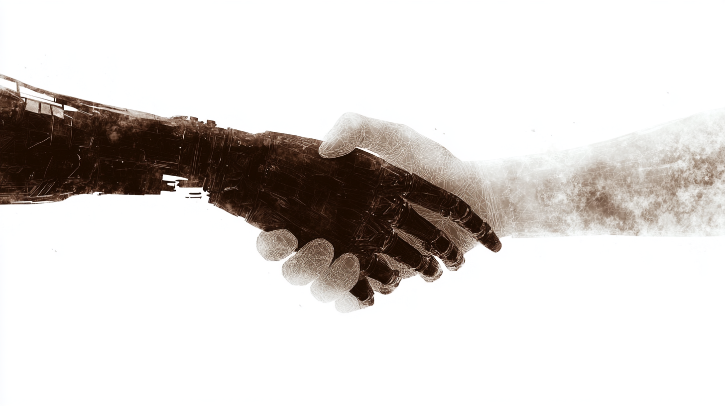 A robot hand shakes a human hand.