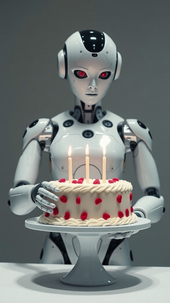 A robot made a birthday cake for him.