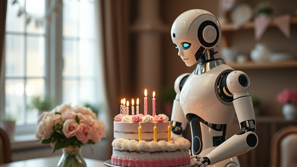 A robot made a birthday cake for man.