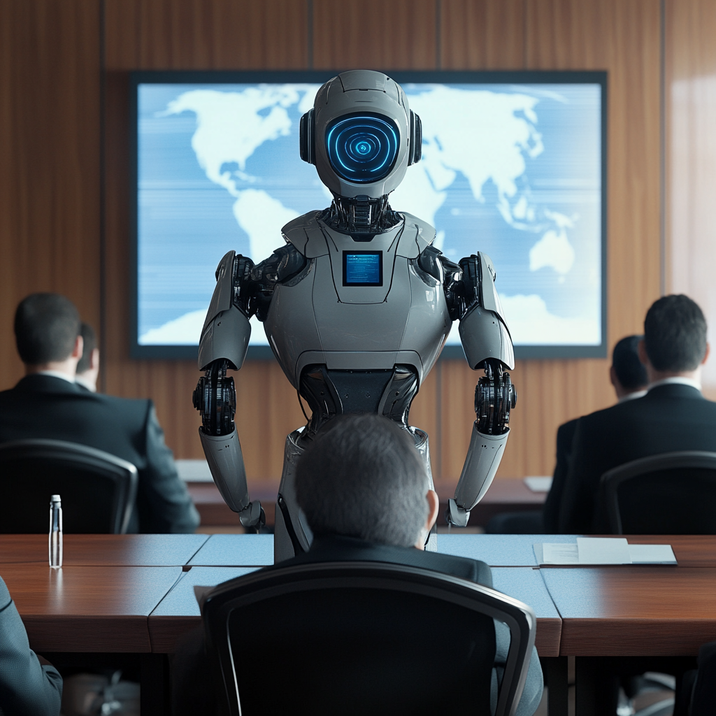 A robot pitching to investors looks confused and panicked.