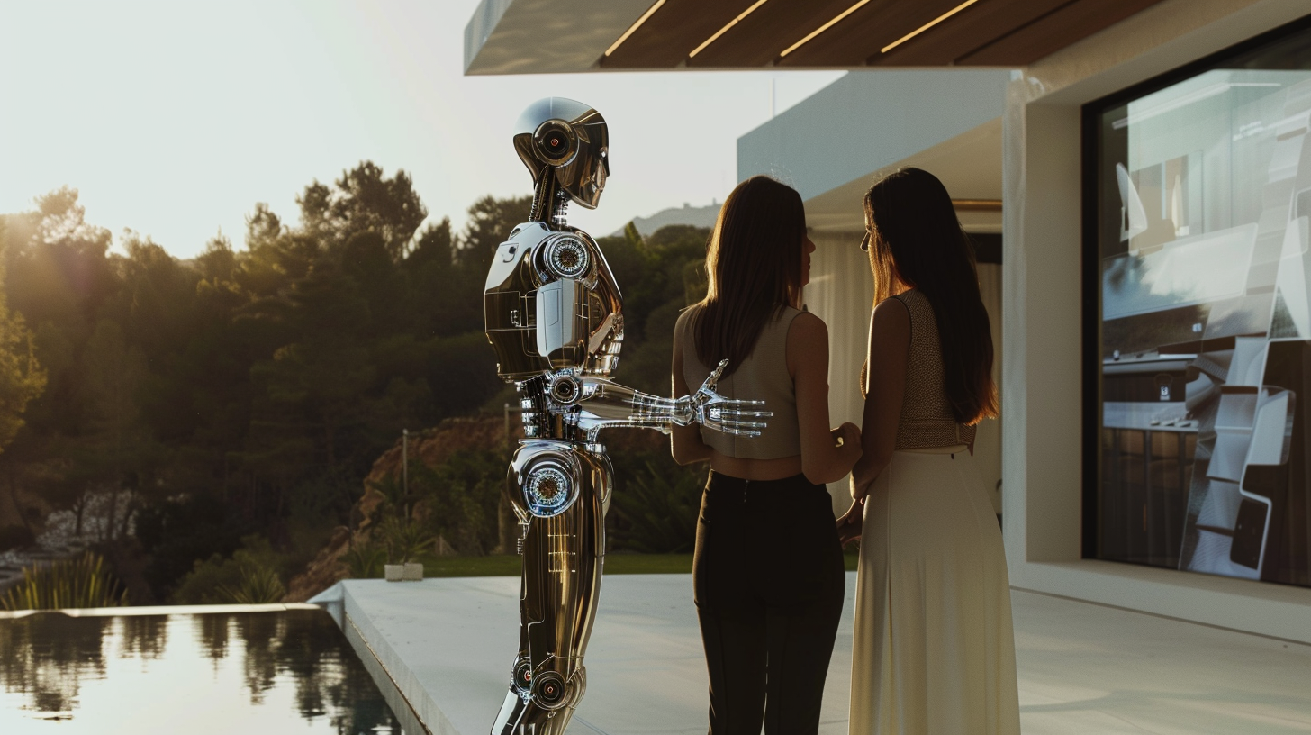 A robot shows couple luxury villa hologram.