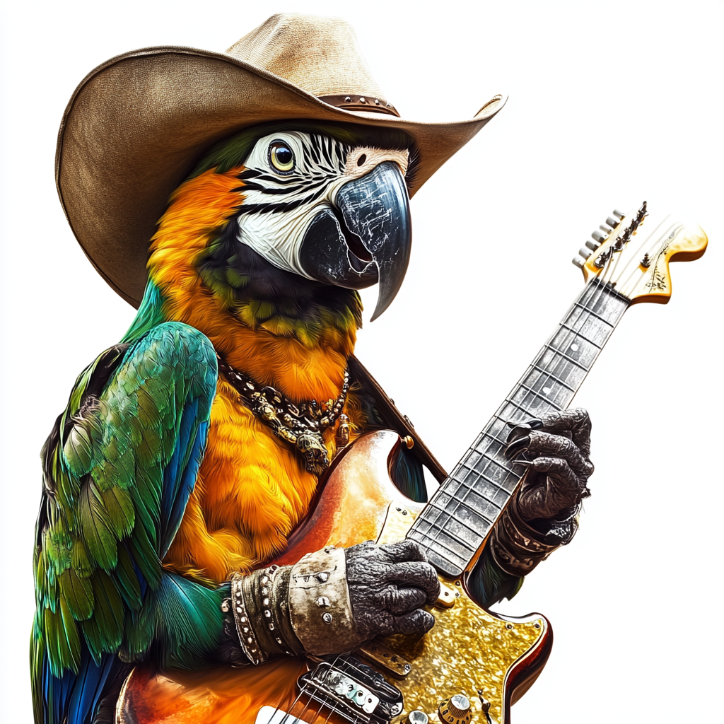 A rockstar parrot with cowboy hat playing guitar.