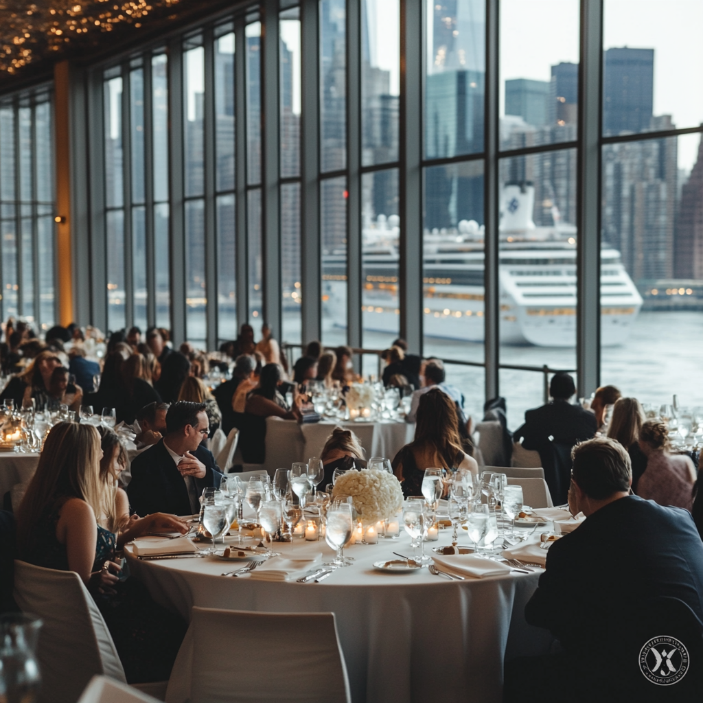 A room with tables and people overlooking NYC river