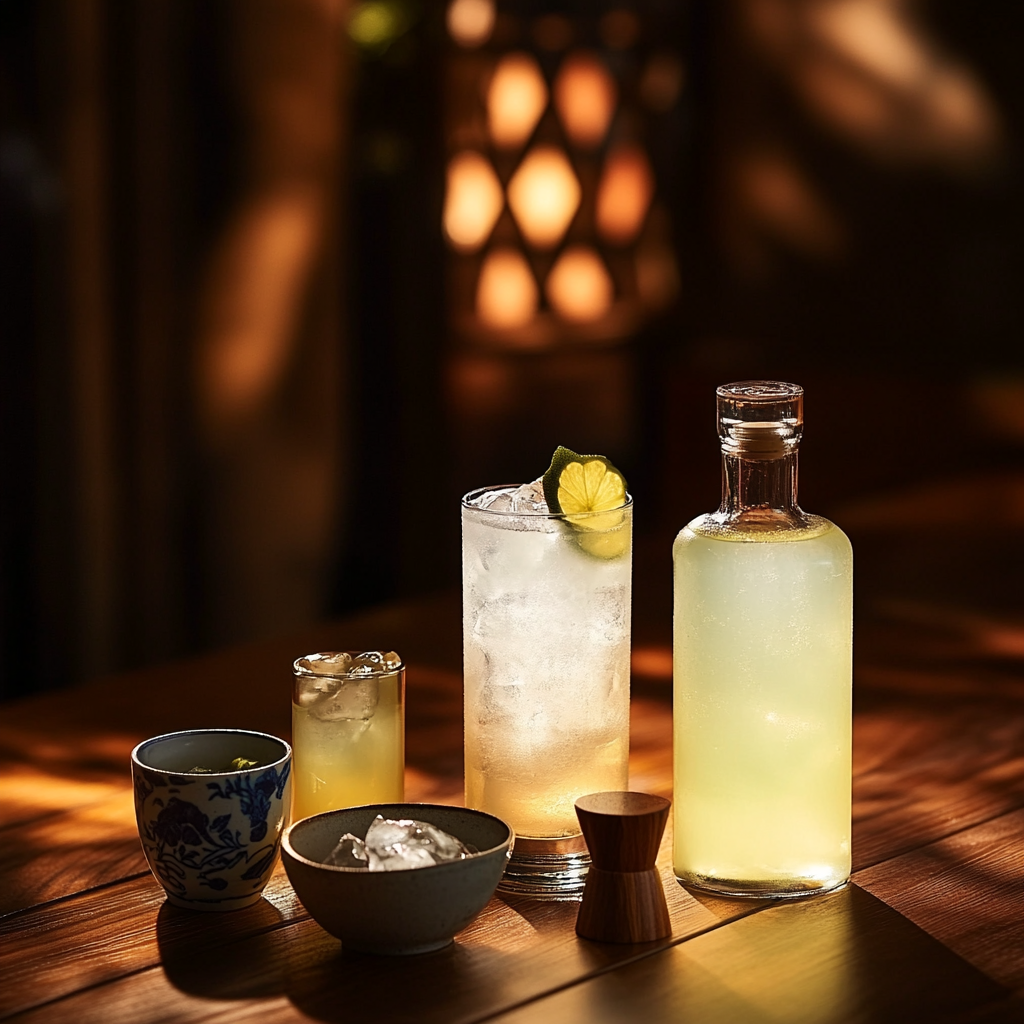 A row of distinct drinks in dimly lit room.