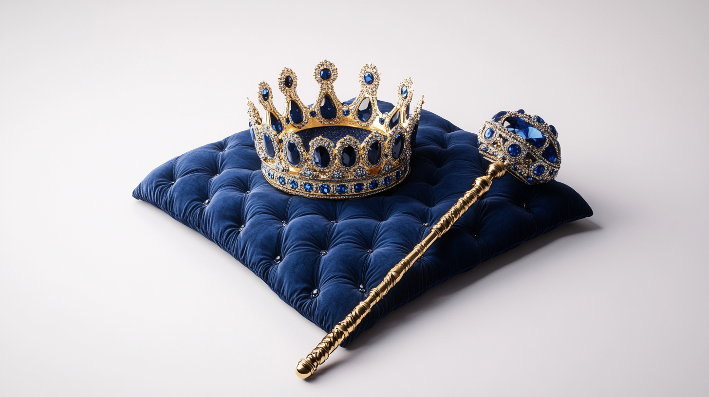 A royal crown on blue cushion with scepter