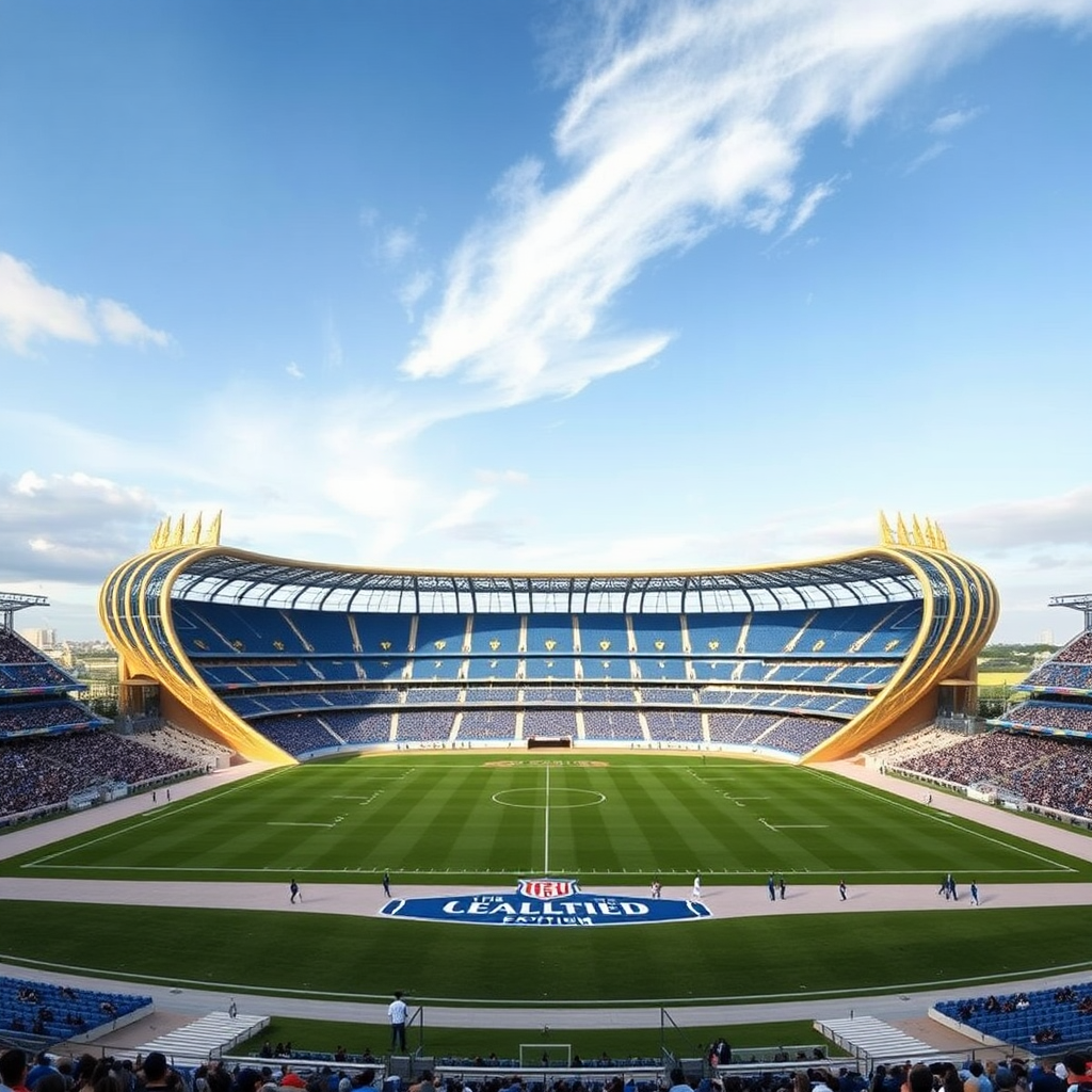 A royal crown-themed football stadium with blue and gold.