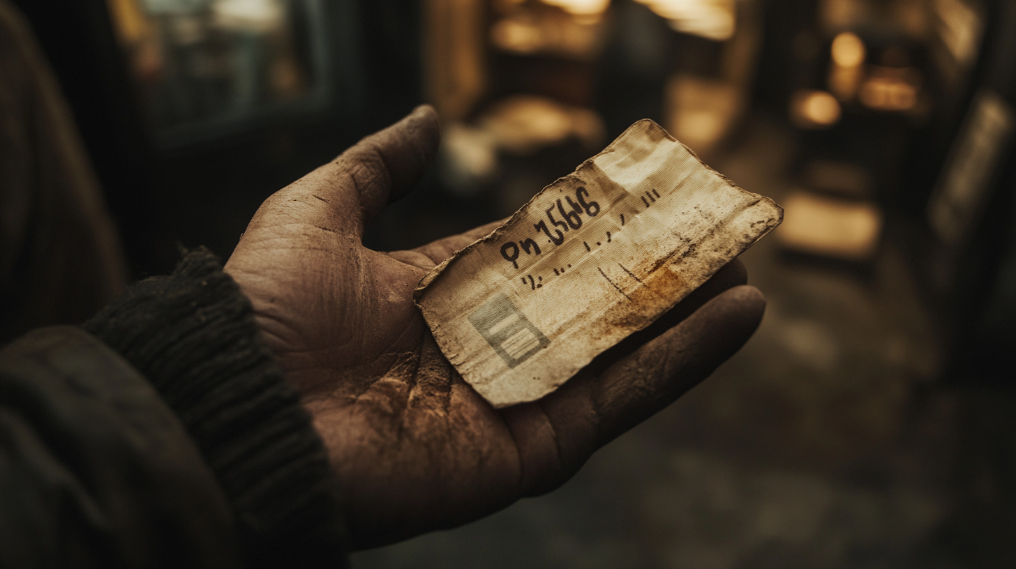 A rugged hand holds a café receipt, faded ink