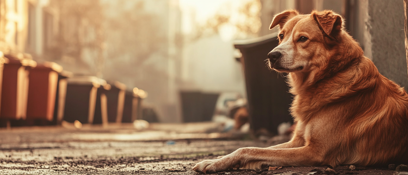 A sad dog in dirty alley with trash.