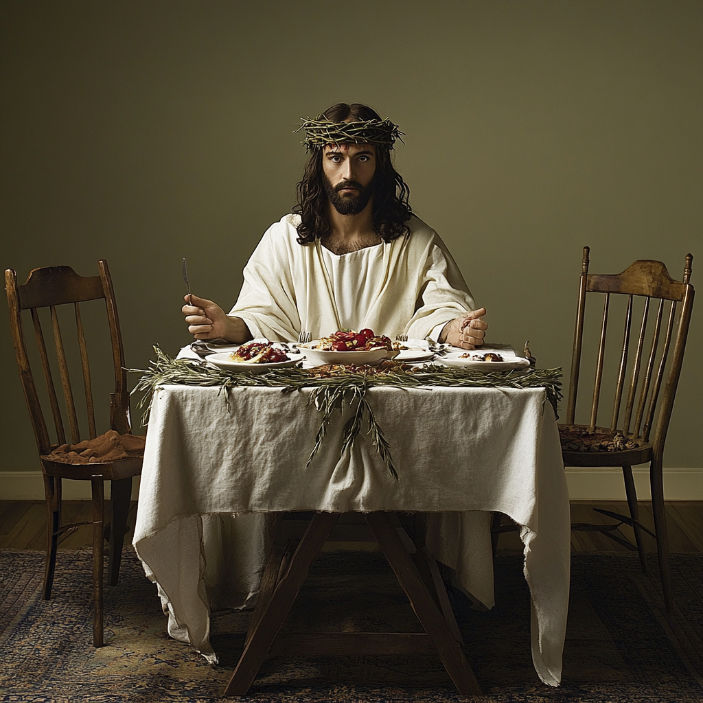 A sadness Jesus sitting at an empty table.