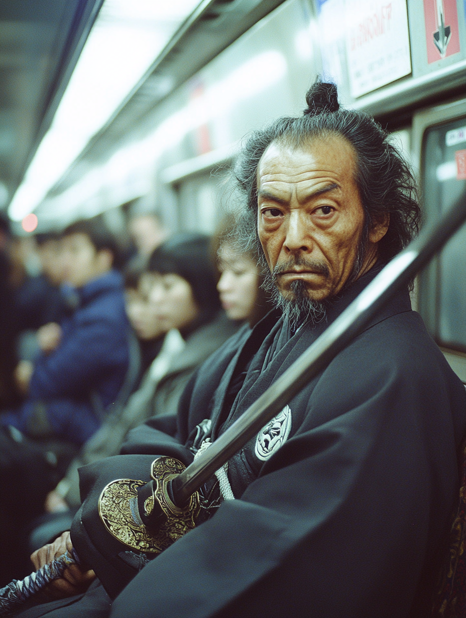 A samurai rides crowded Tokyo subway, passengers curious