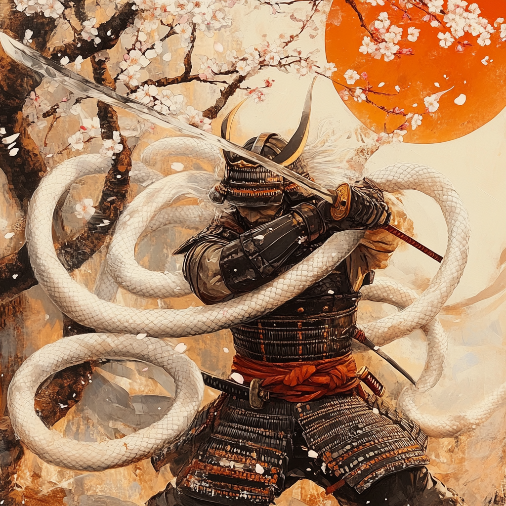 A samurai with white snakes swings sword at sunset