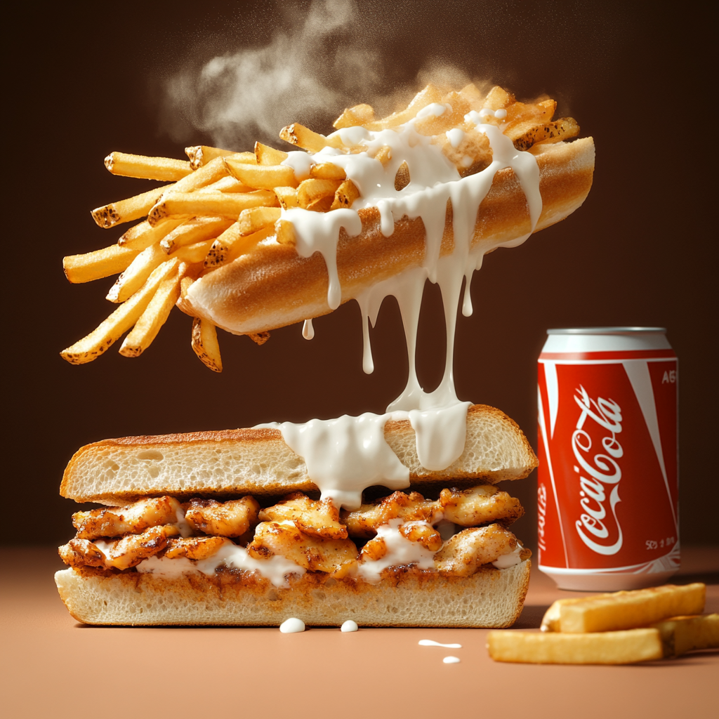 A sandwich with chicken, fries & white sauce flying.