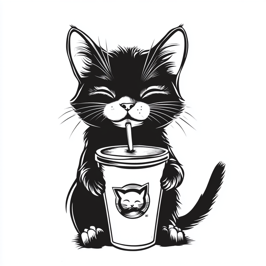 A satisfied cat enjoying latte in cartoon style