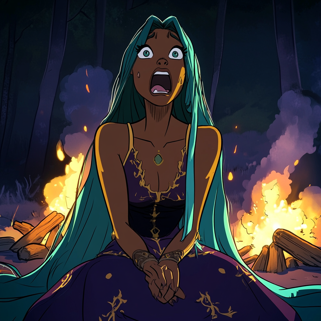 A scared black woman in princess gown at camp