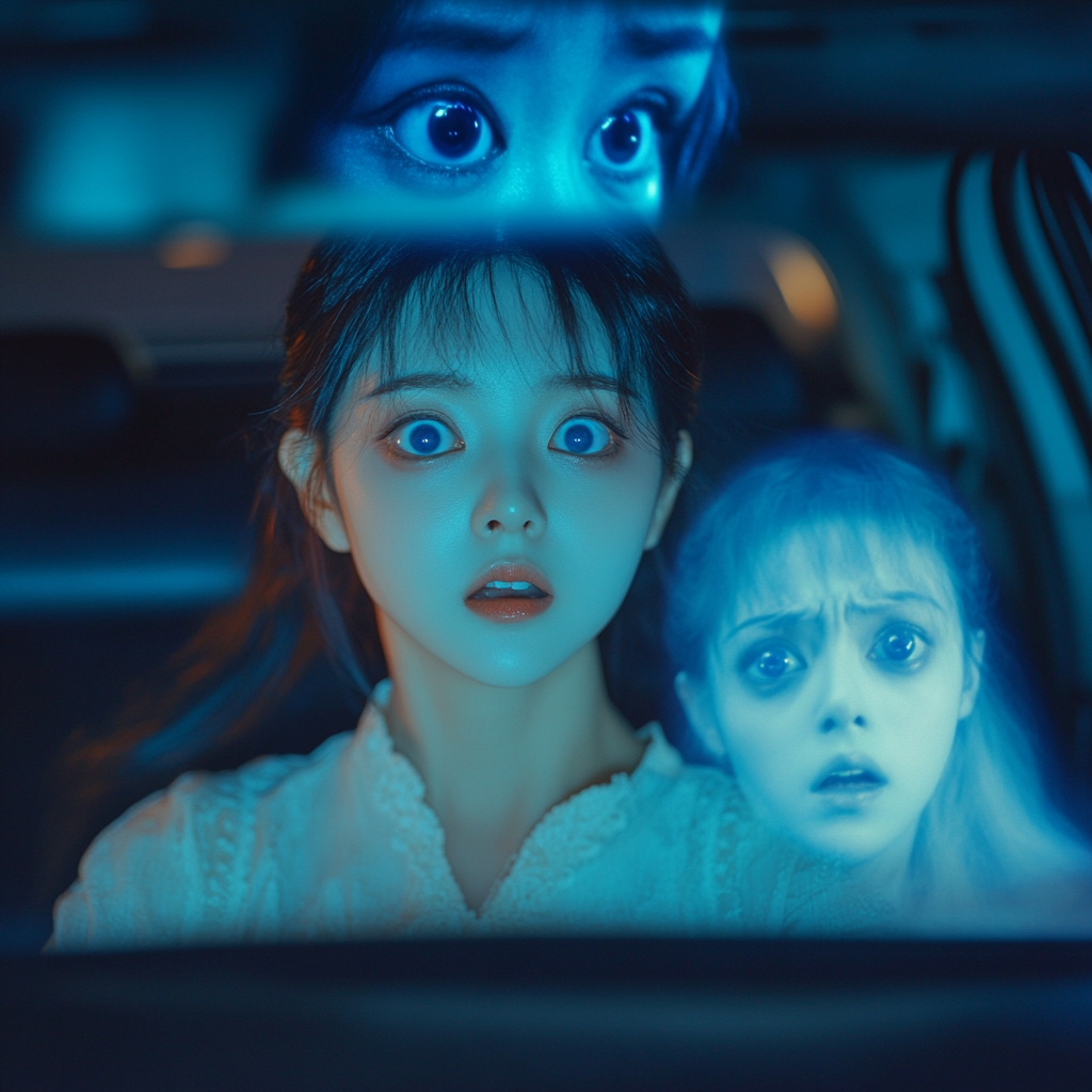 A scared girl in car with floating face.