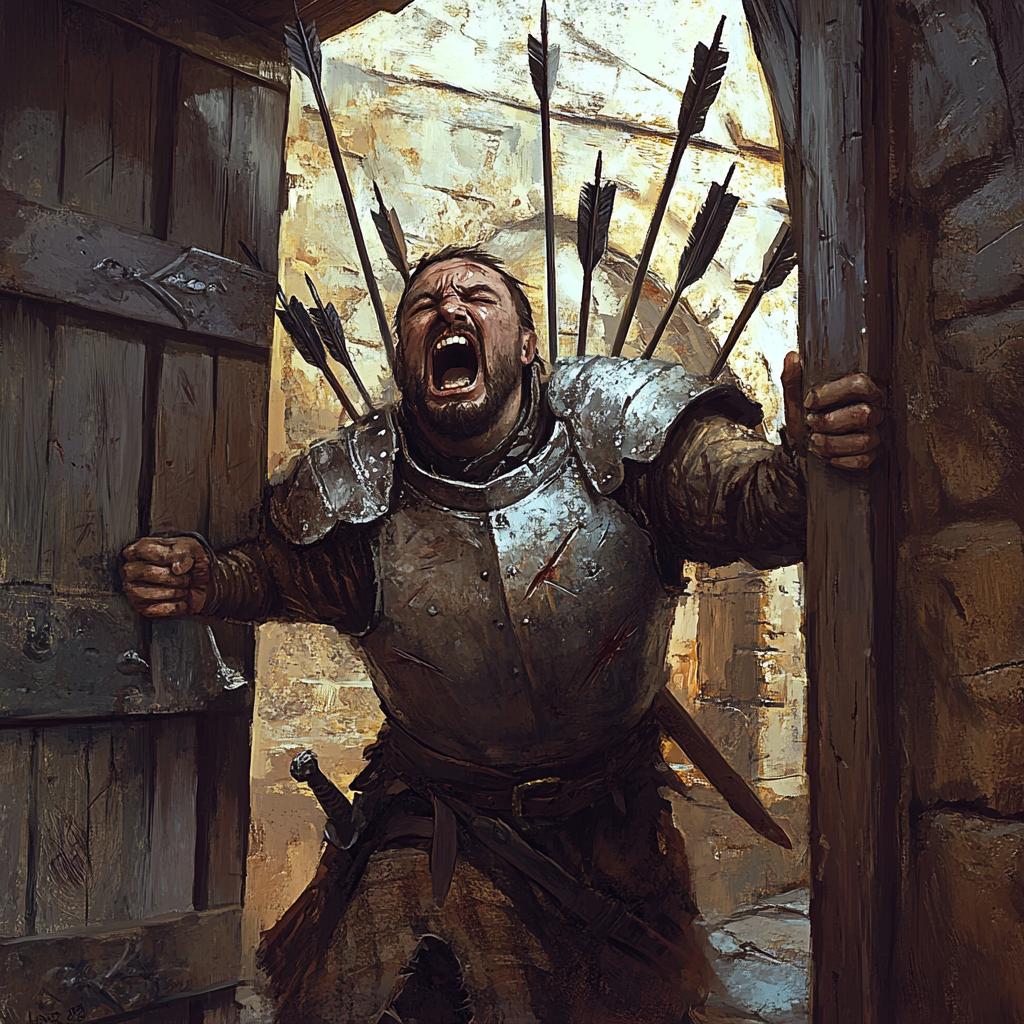 A scared guard at tavern entrance, arrows stuck.