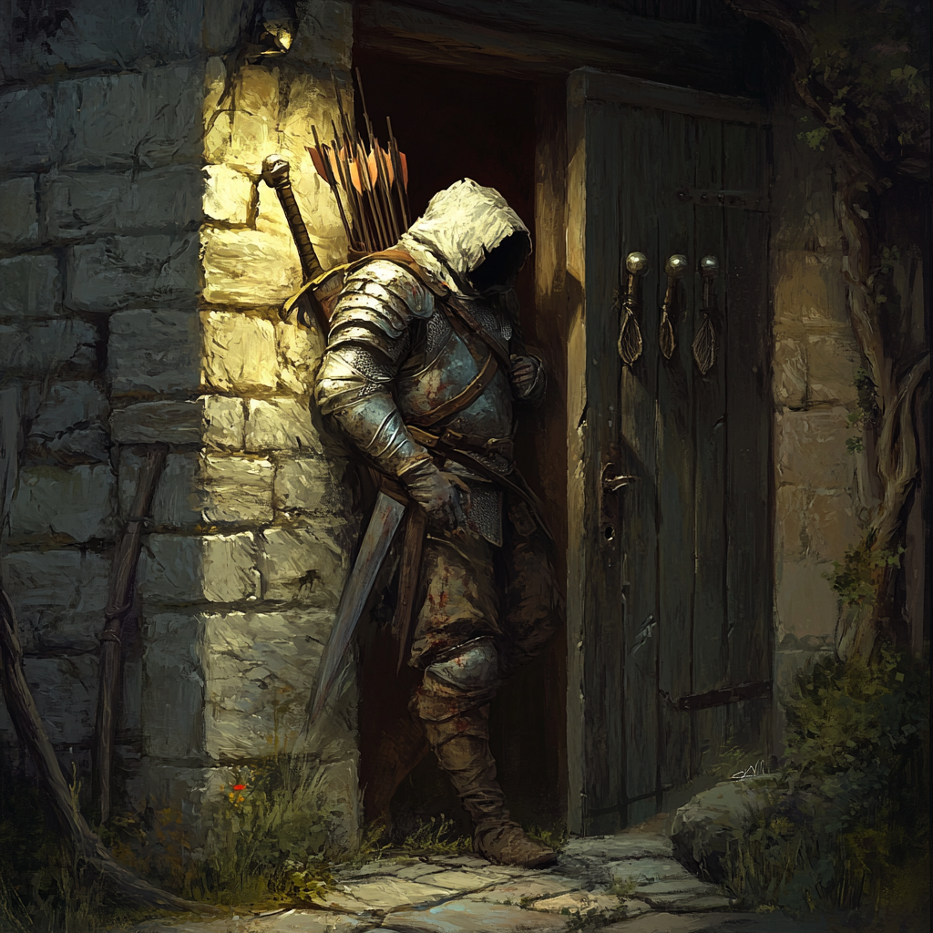 A scared guard in medieval armor at tavern entrance.