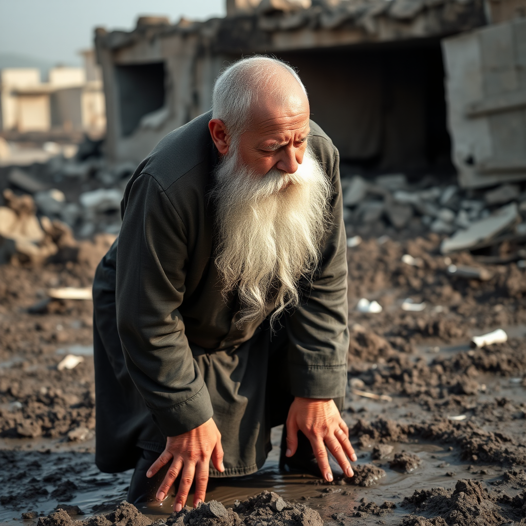 A scared mullah standing in mud after explosion.