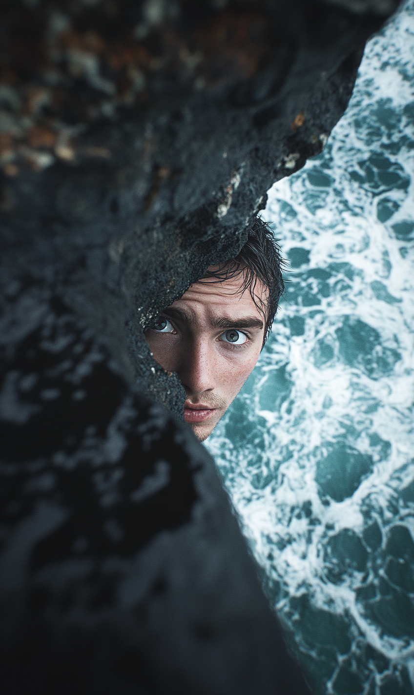 A scared person hanging above stormy sea.