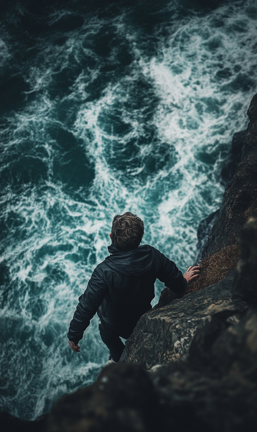 A scared person held on cliff edge.