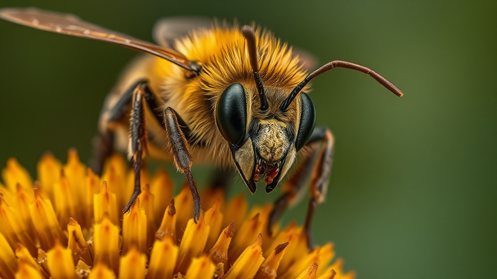 A scary bee with yellow and black stripes.