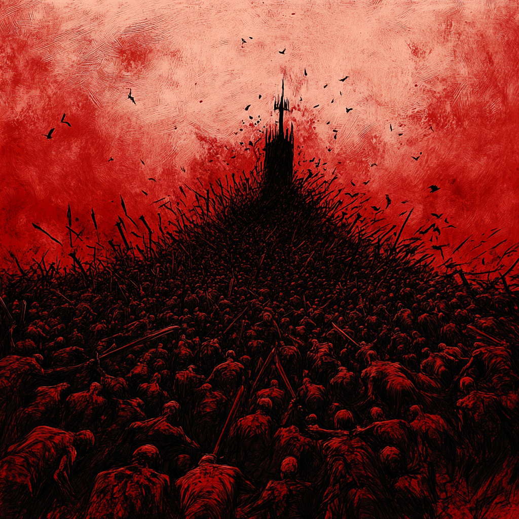 A scary black and red picture of a sea made of people screaming in pain with swords.