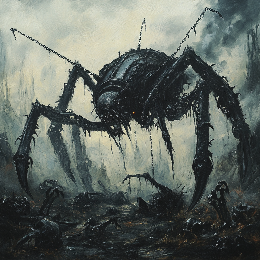 A scary black insect demon in a spooky battlefield.