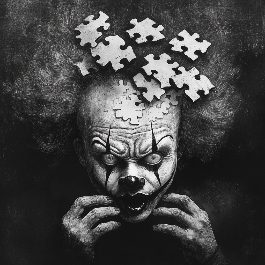 A scary clown dissolving into puzzle pieces.