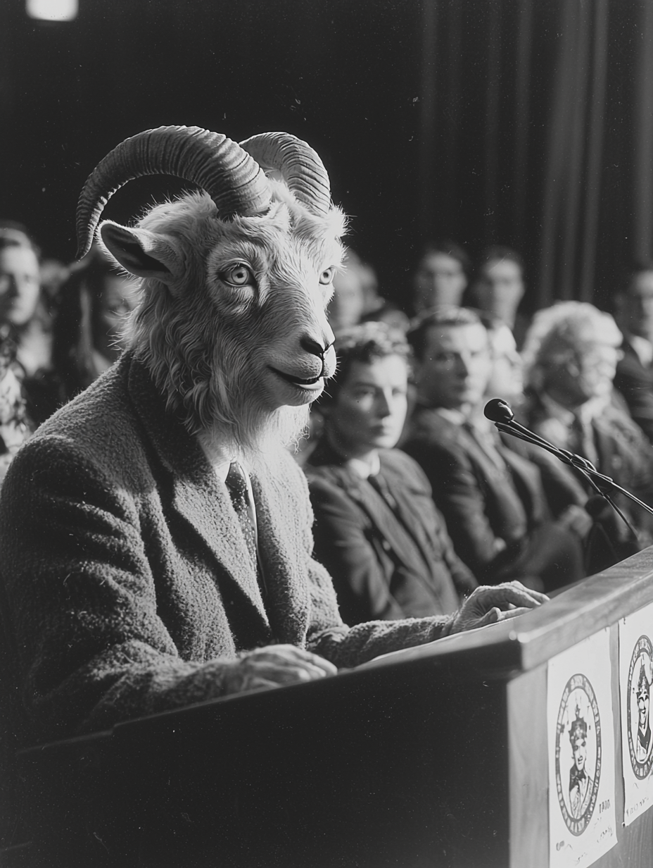 A scary man in goat suit giving speech.