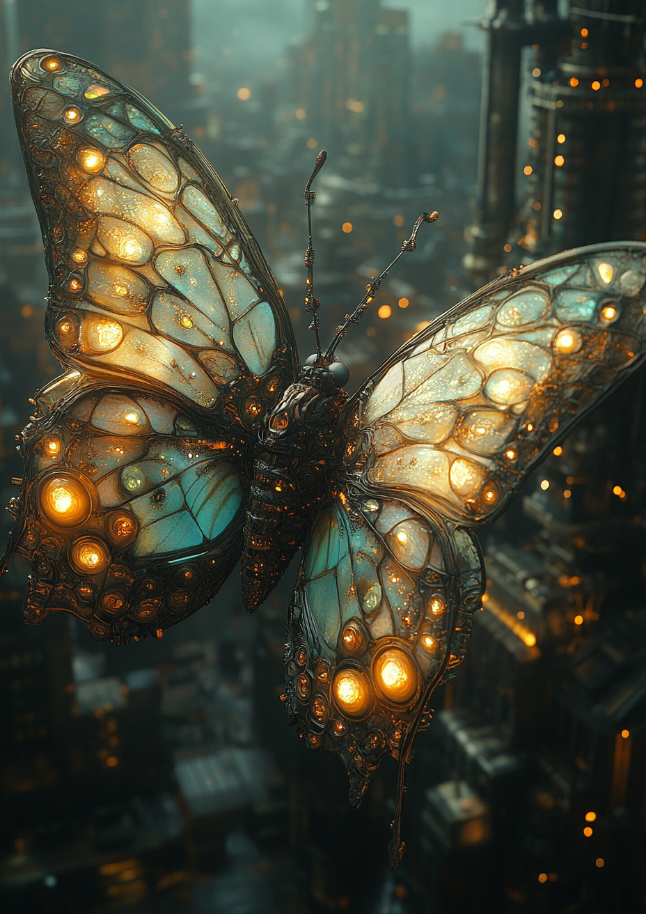 A scary mechanical butterfly super villain in city