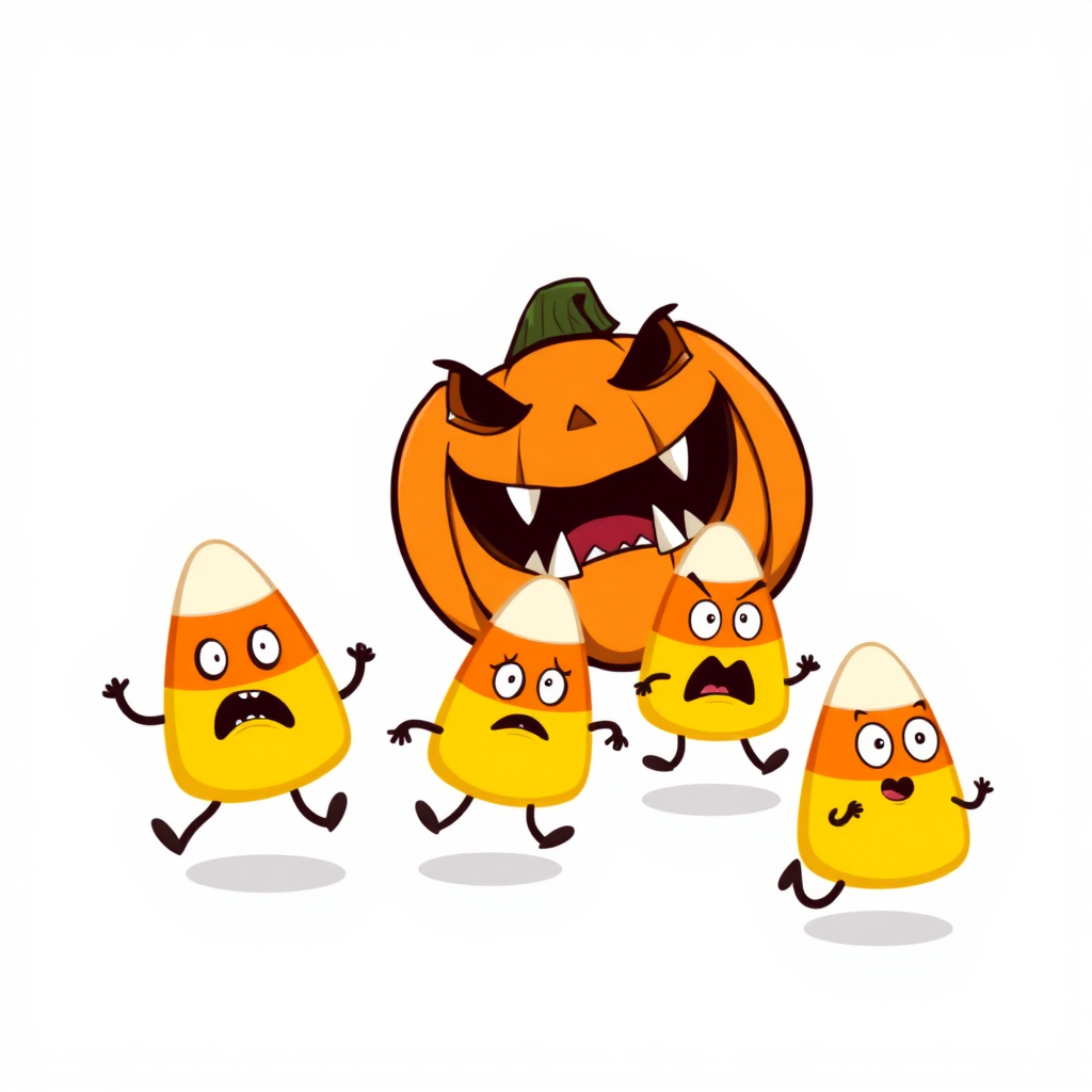 A scary pumpkin chases candy corn friends.