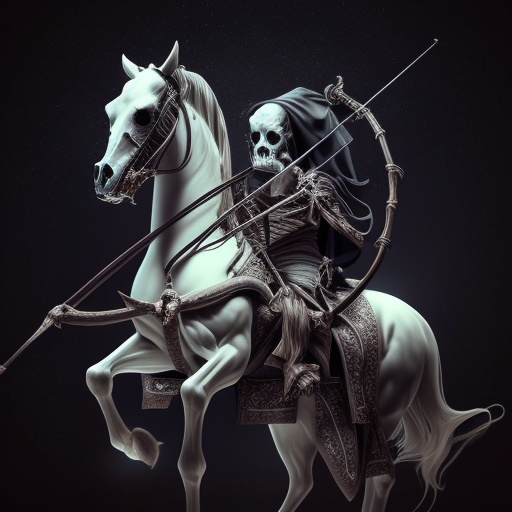 A scary skeleton on a horse with a bow