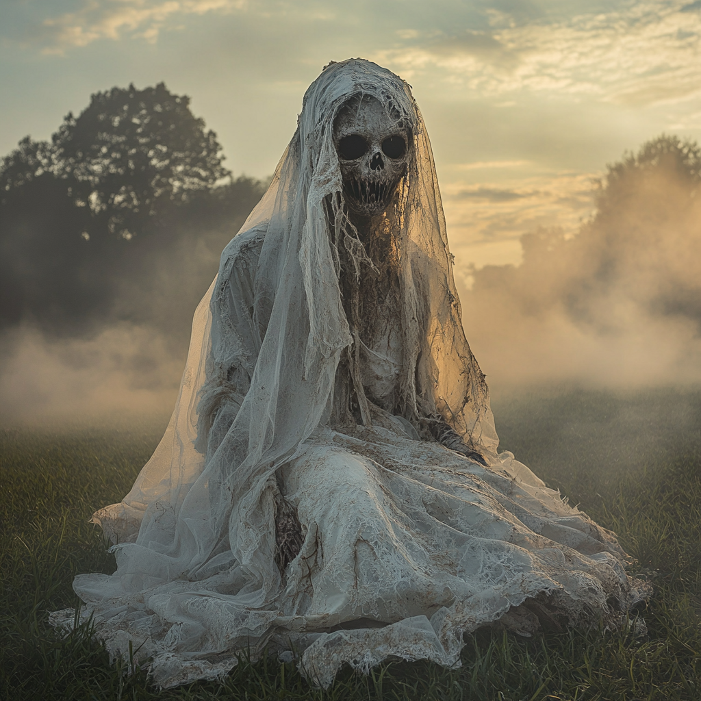 A scary zombie bride in torn gown at sunrise.