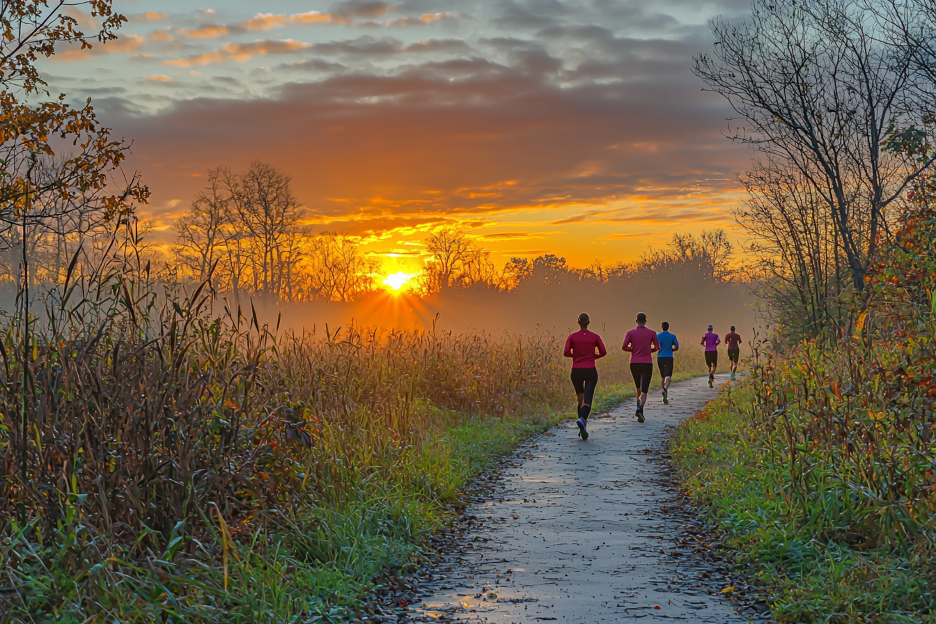 A scenic nature path with runners at sunrise