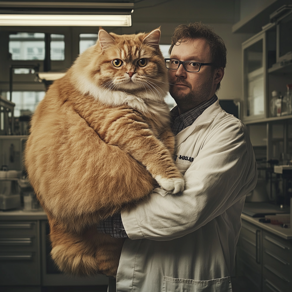 A scientist holding a giant cat in lab.