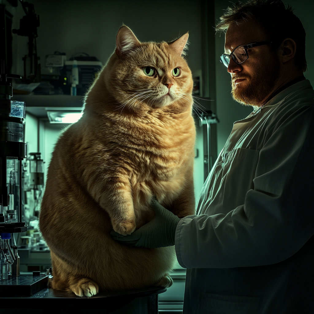 A scientist holding a giant round cat in lab.