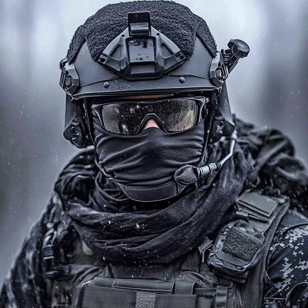 A secretive soldier in black combat gear.