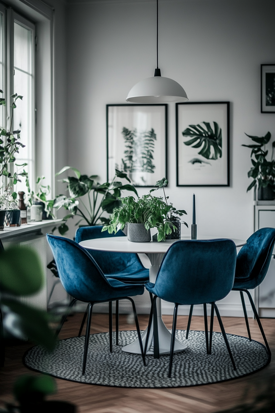 A serene Scandinavian kitchen with blue velvet chairs.