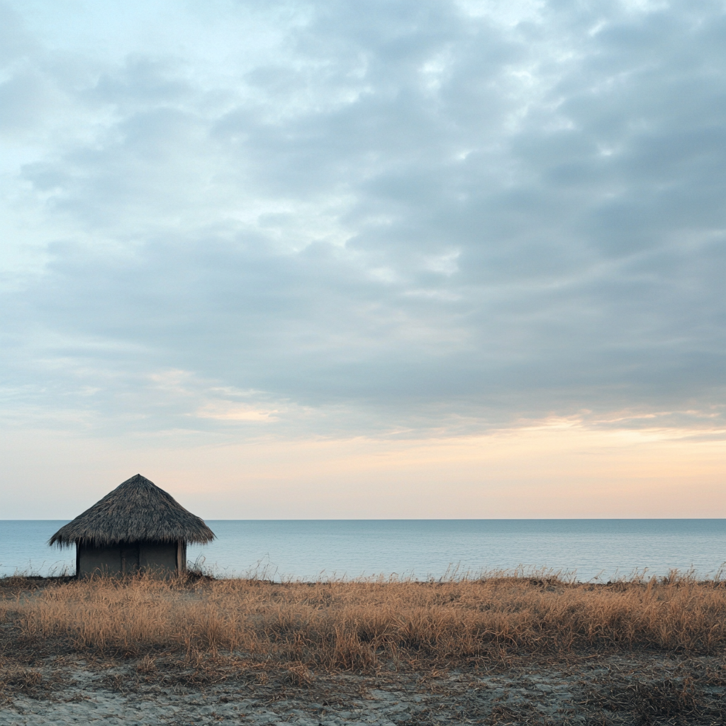 A serene beach scene at dusk with a hut.